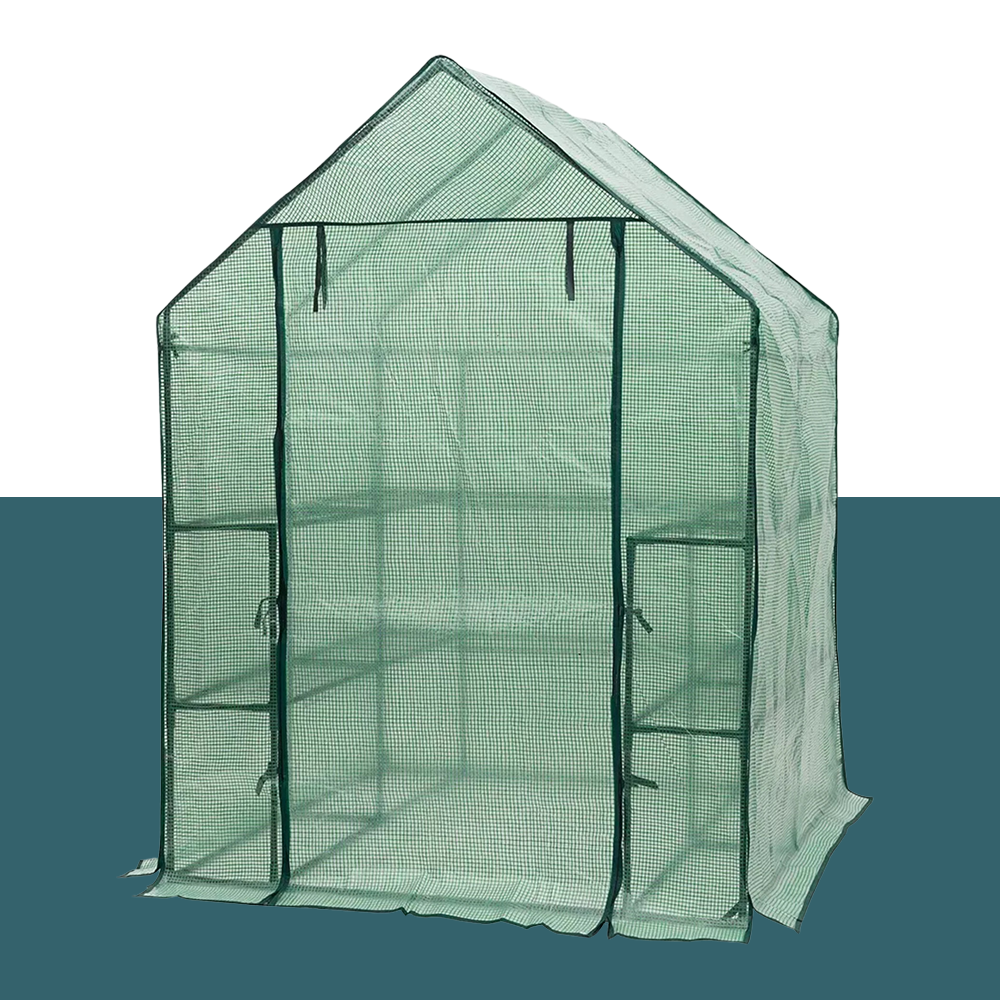 Front view of the assembled greenhouse structure with PE cover, featuring a spacious design with multiple shelves
