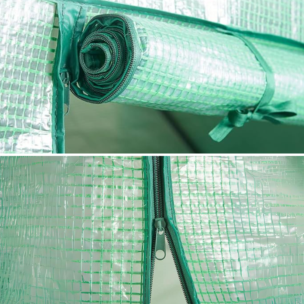 A two-part image. The top part shows a close-up of a rolled-up section of the greenhouse cover with a zipper and fastening strap. The bottom part focuses on the closed zipper running down the middle of the greenhouse cover