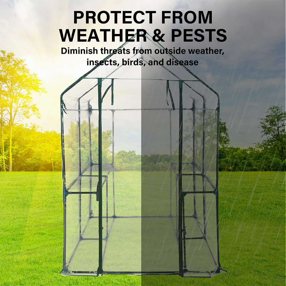 Half-transparent image of a greenhouse demonstrating weather and pest protection, showing a safe growing space shielded from rain and sunlight