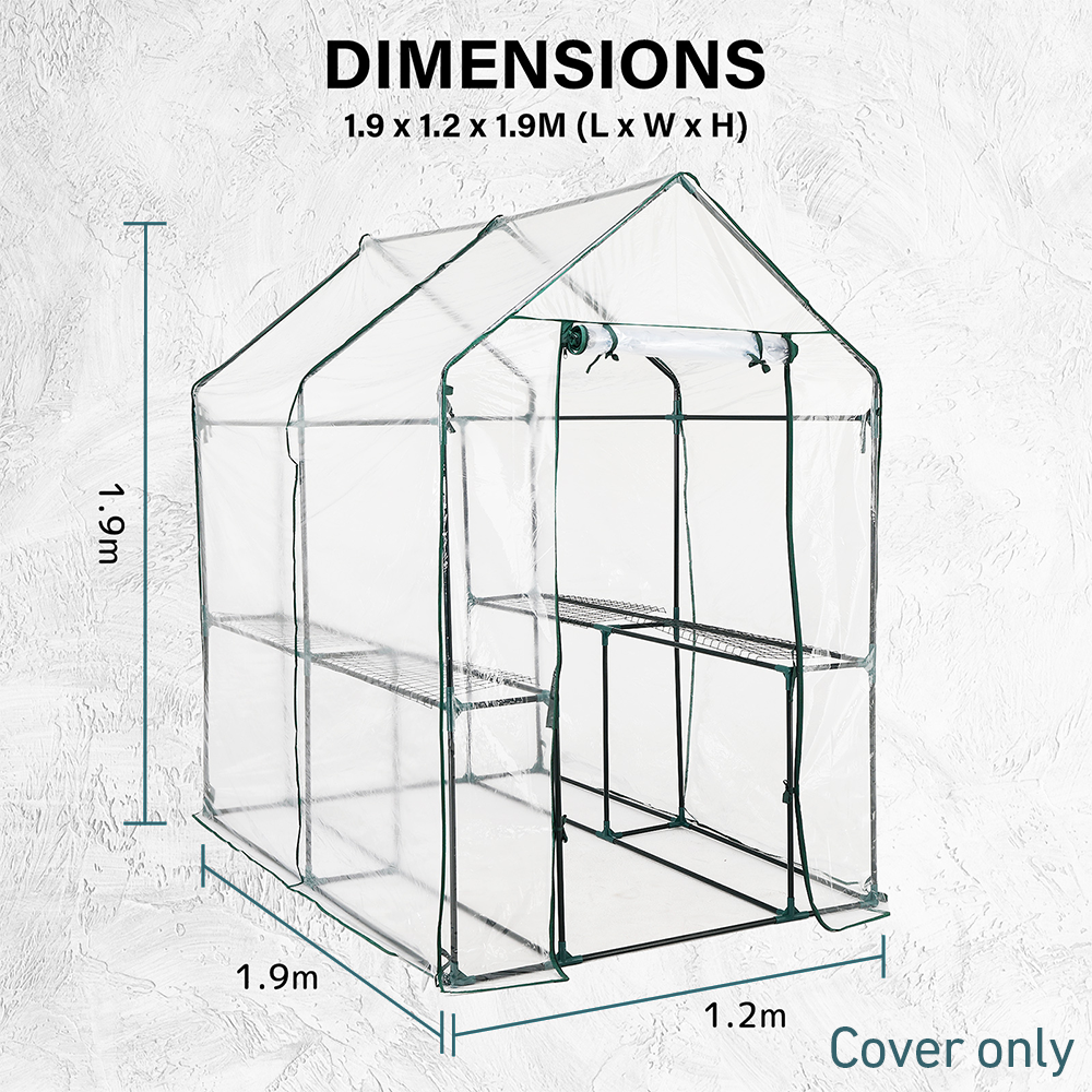 Clear dimensions of a PVC greenhouse cover displayed as 1.9m x 1.2m x 1.9m (L x W x H), suitable for detailed planning and space utilisation