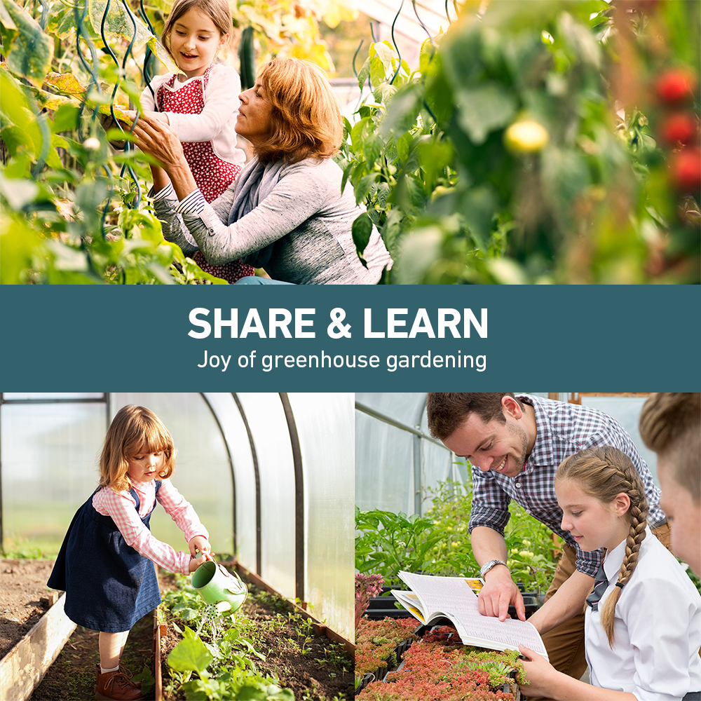 Collage featuring people of all ages enjoying greenhouse gardening, including a child watering plants and a mentor teaching a young girl about horticulture