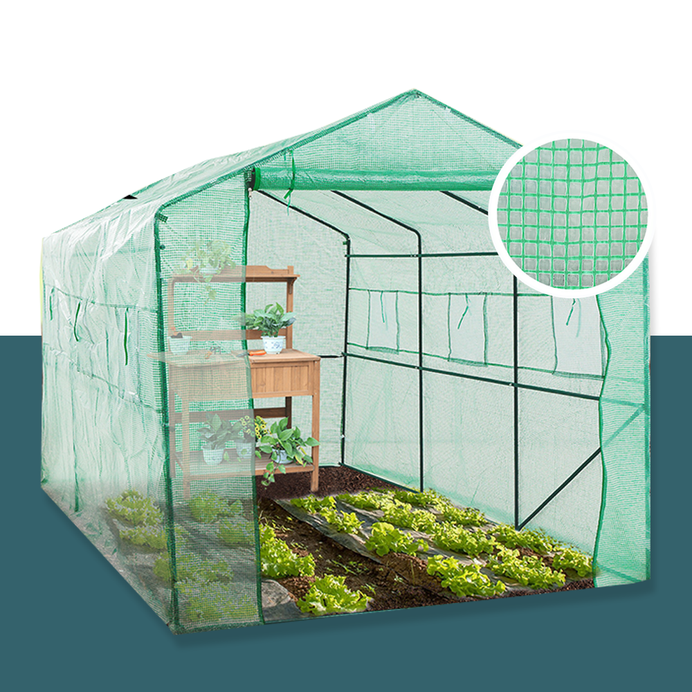 Green walk-in greenhouse with shelves and plants inside. A close-up shows the durable UV-resistant mesh material of the cover.