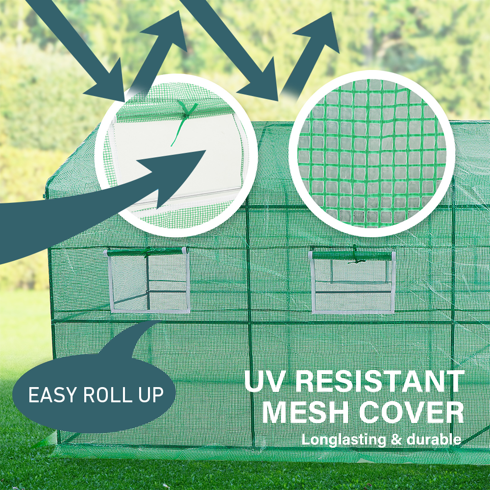 Close-up of the greenhouse's UV-resistant mesh cover with arrows pointing to ventilation windows. "Easy Roll Up" text highlights the functionality.