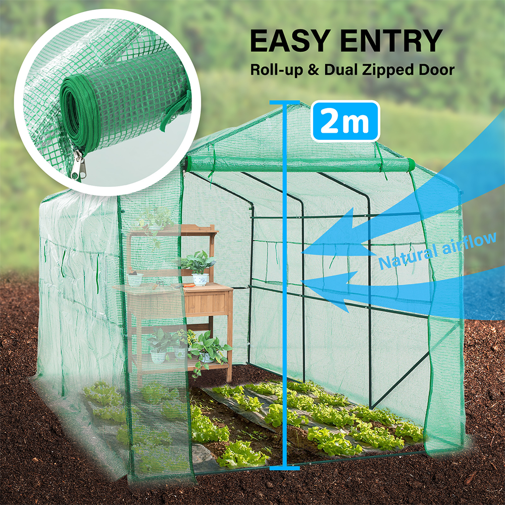 Side view of the greenhouse with a 2m height label. Arrow graphics show airflow through roll-up and zippered dual doors, titled "Easy Entry