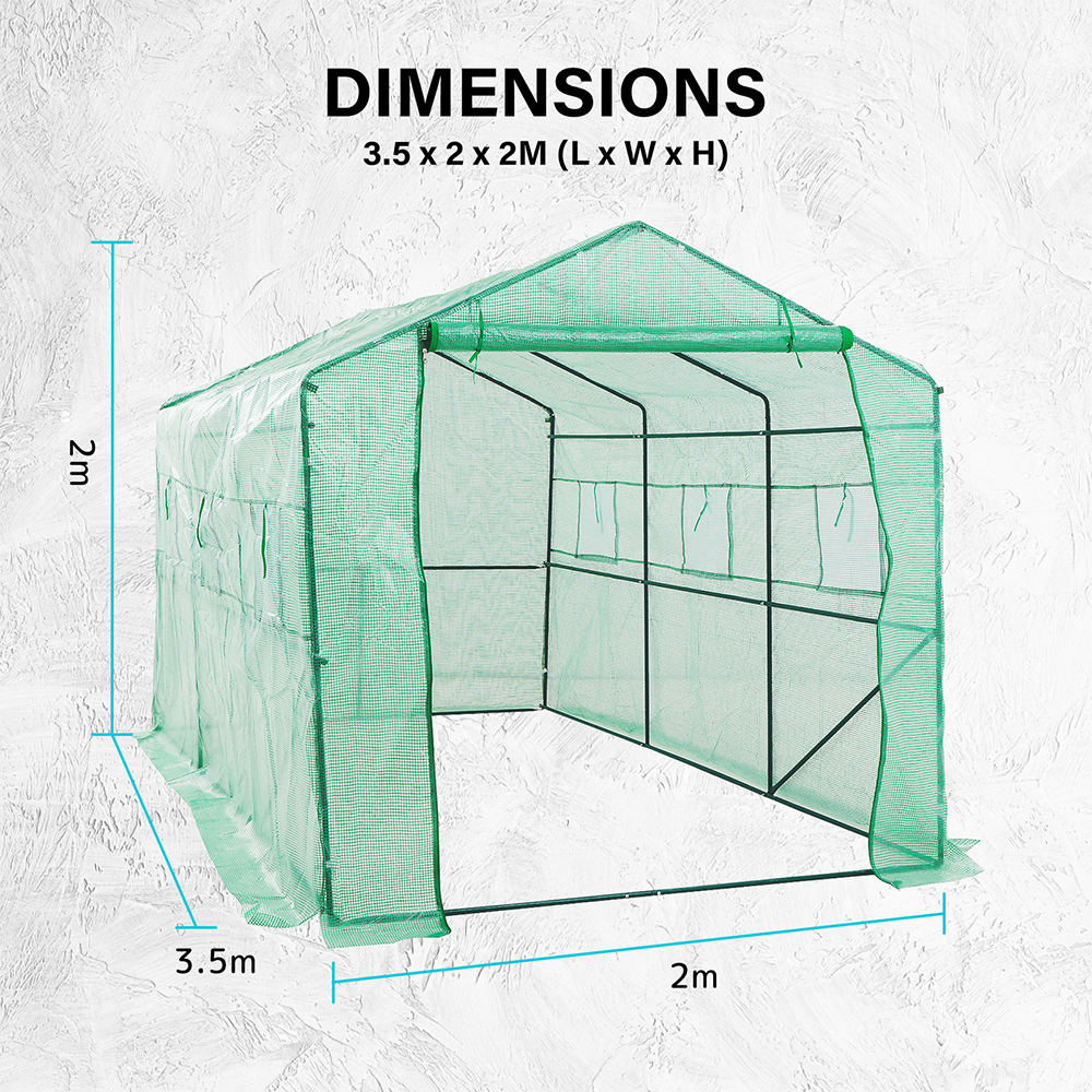 Greenhouse dimensions illustration, measuring 3.5m x 2m x 2m (L x W x H), showcasing the structure's ample space for gardening