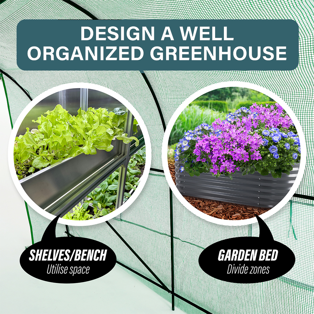 Tips for organising a greenhouse interior, featuring "Shelves/Bench" and "Garden Bed" options for optimal space use and zone division