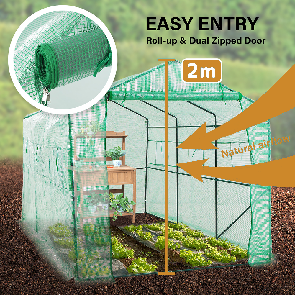 Close-up of the greenhouse’s roll-up, dual-zippered door feature for easy entry