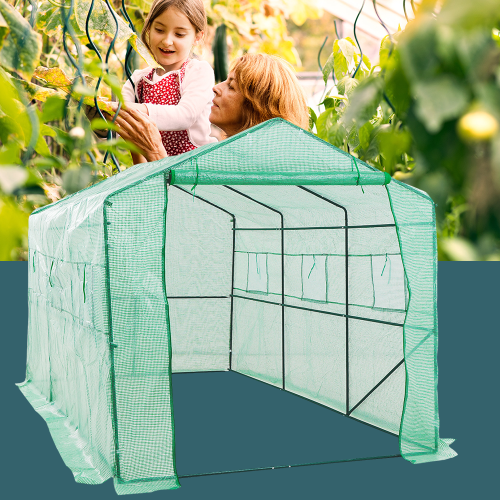 Detailed shot of the greenhouse's metal grid shelves, highlighting sturdy and durable construction