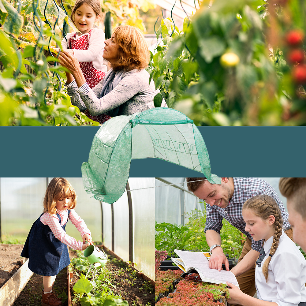A collage of greenhouse scenes. Top image shows a woman helping a young girl in a greenhouse with lush green plants. The centre image features a 3D model of a small, green, tunnel-shaped greenhouse with an arrow pointing to it. Bottom left shows a young girl watering plants, and the bottom right image depicts a man showing a young girl a gardening book inside