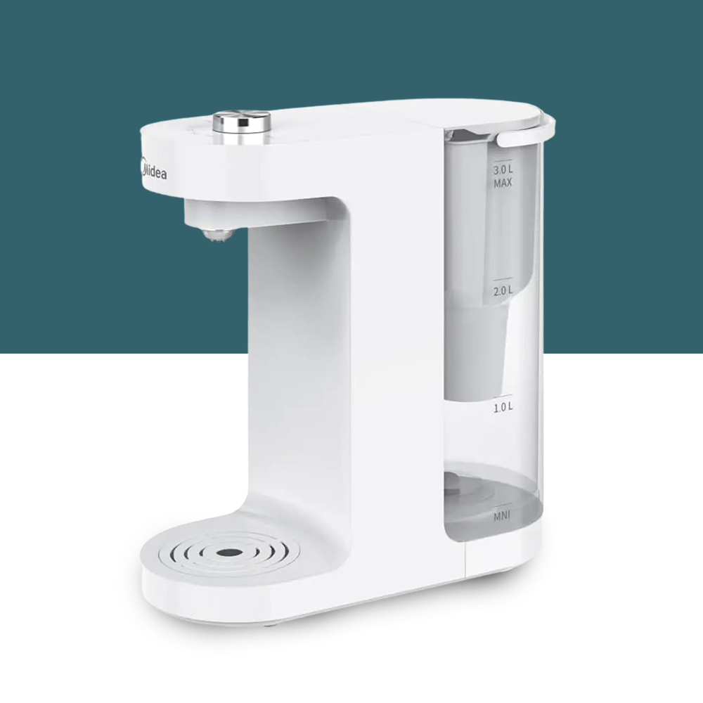 Compact countertop hot water dispenser with a sleek white design and detachable drip tray