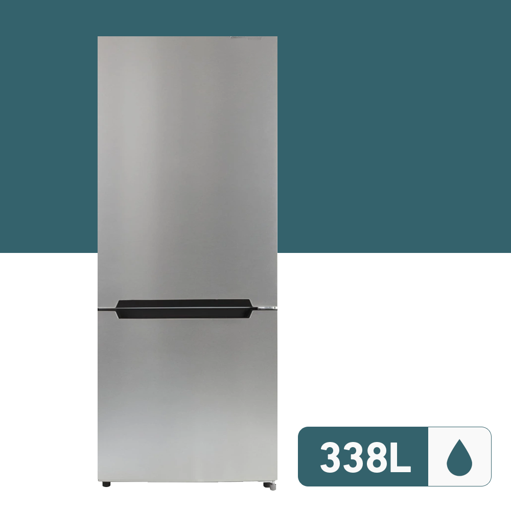 Stainless steel 338L bottom mount refrigerator with a sleek design.