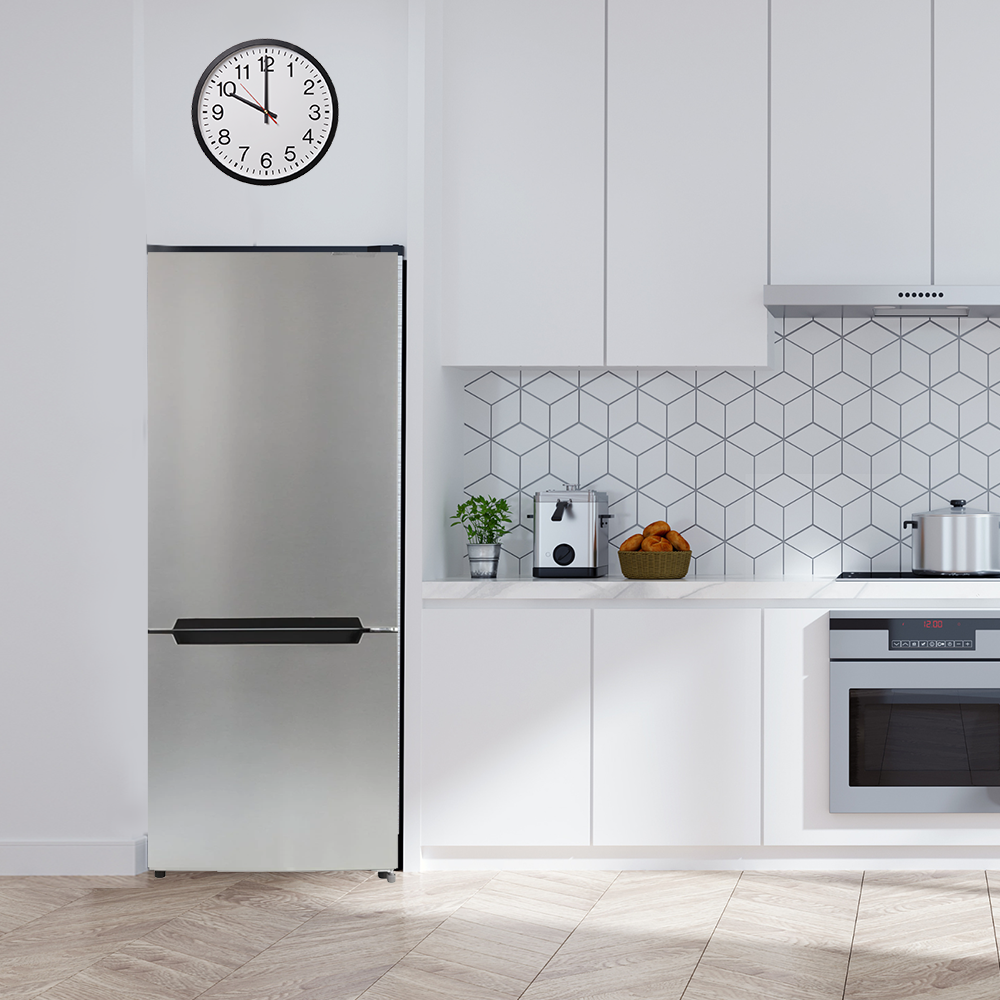 218L refrigerator with a modern stainless steel finish, ideal for small kitchens.