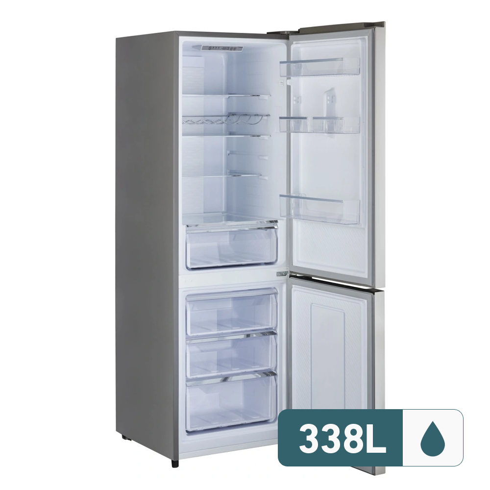 338L bottom mount refrigerator with the door open, showcasing adjustable shelves and storage compartments.