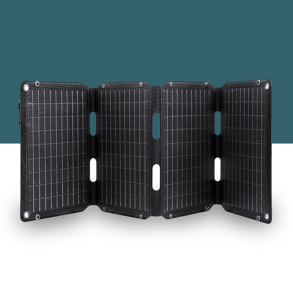 A JumpsPower 60W portable foldable solar panel displayed in a fully open position against a clean, dark teal background, showcasing its compact and efficient design.