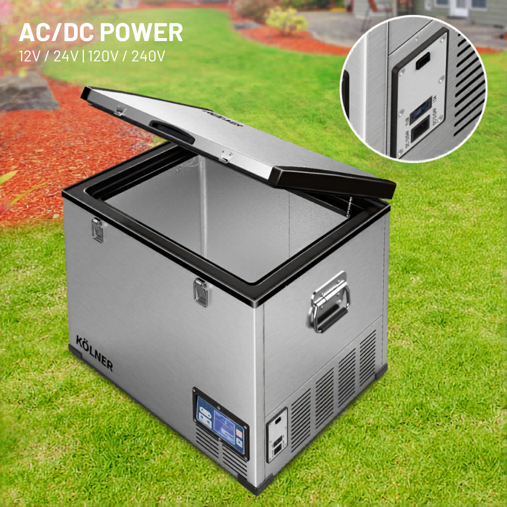Portable refrigerator with AC/DC power options on a grassy background