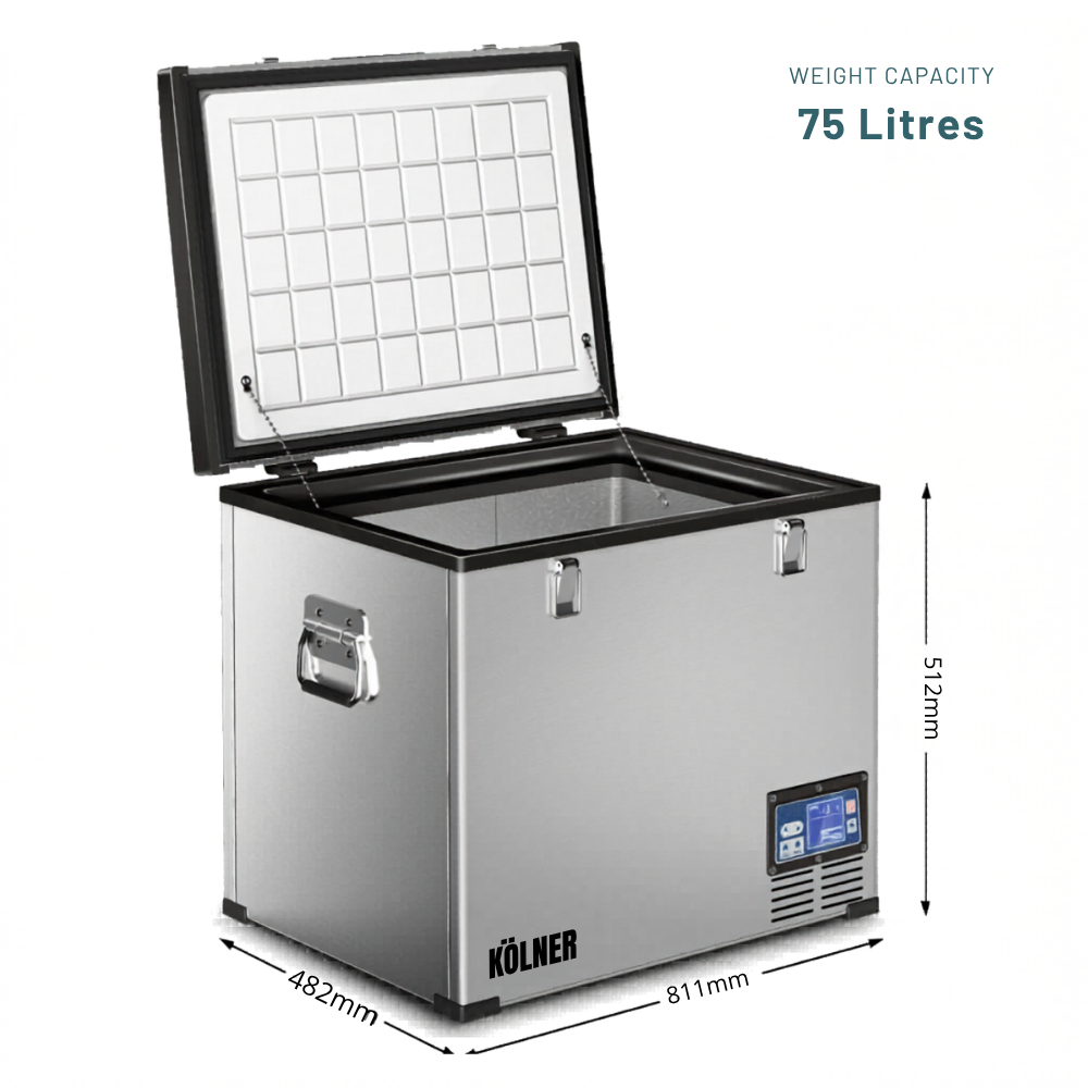 Kölner 75 litre freezer with dimensions and weight capacity displayed.