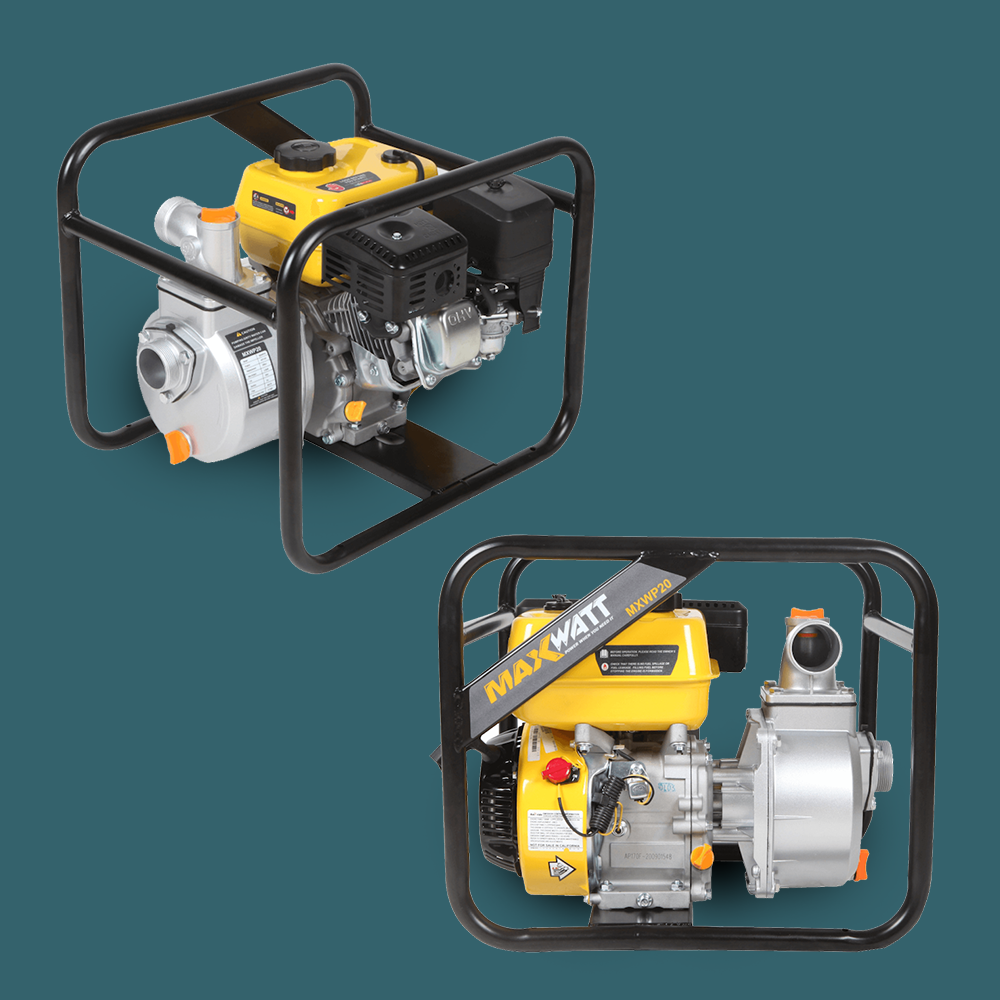 A side-angle view of the MaxWatt petrol water pump on a clean background, showcasing its compact design and sturdy frame.