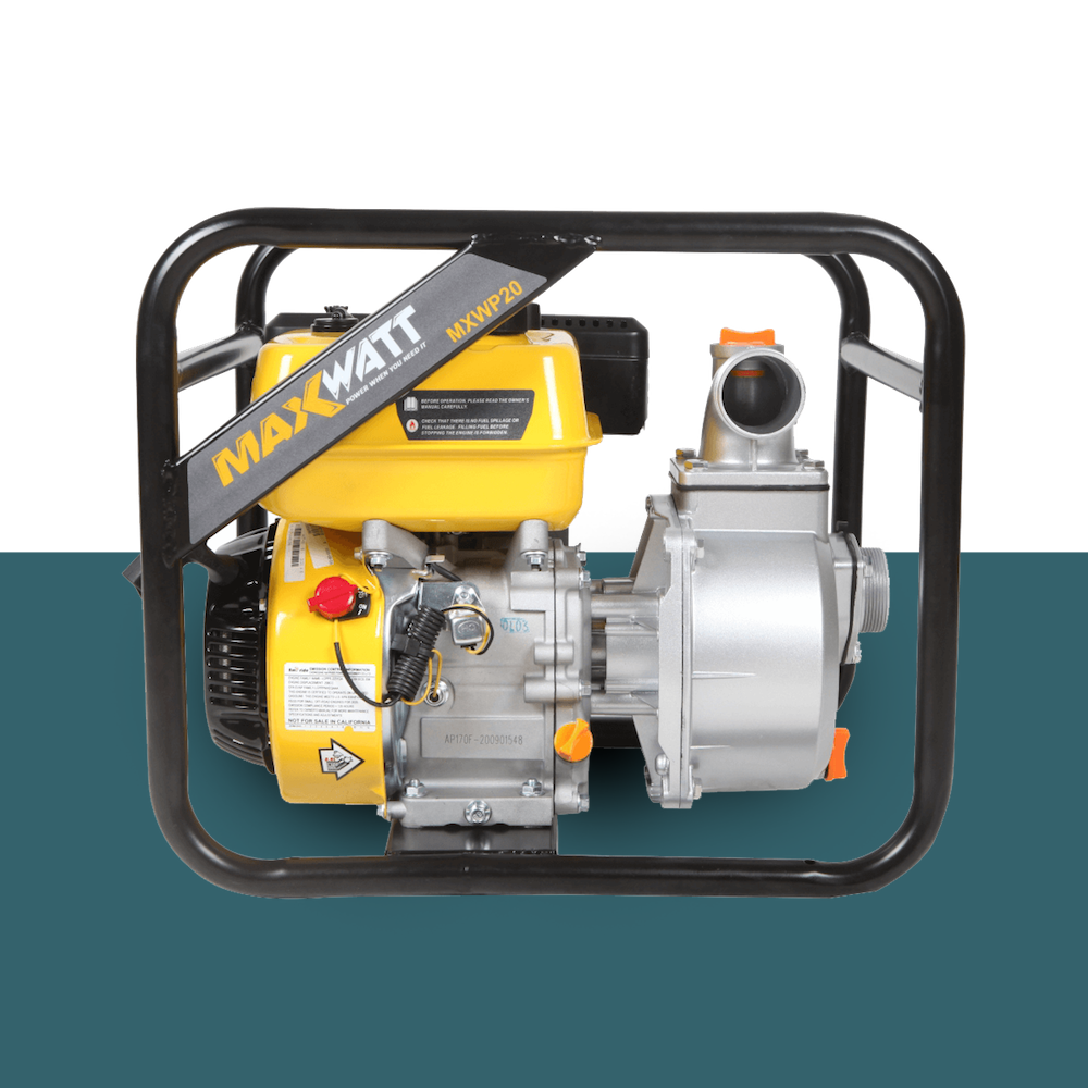 A front-facing view of the pump, focusing on its key components, including the engine, pump inlet, and outlet ports.