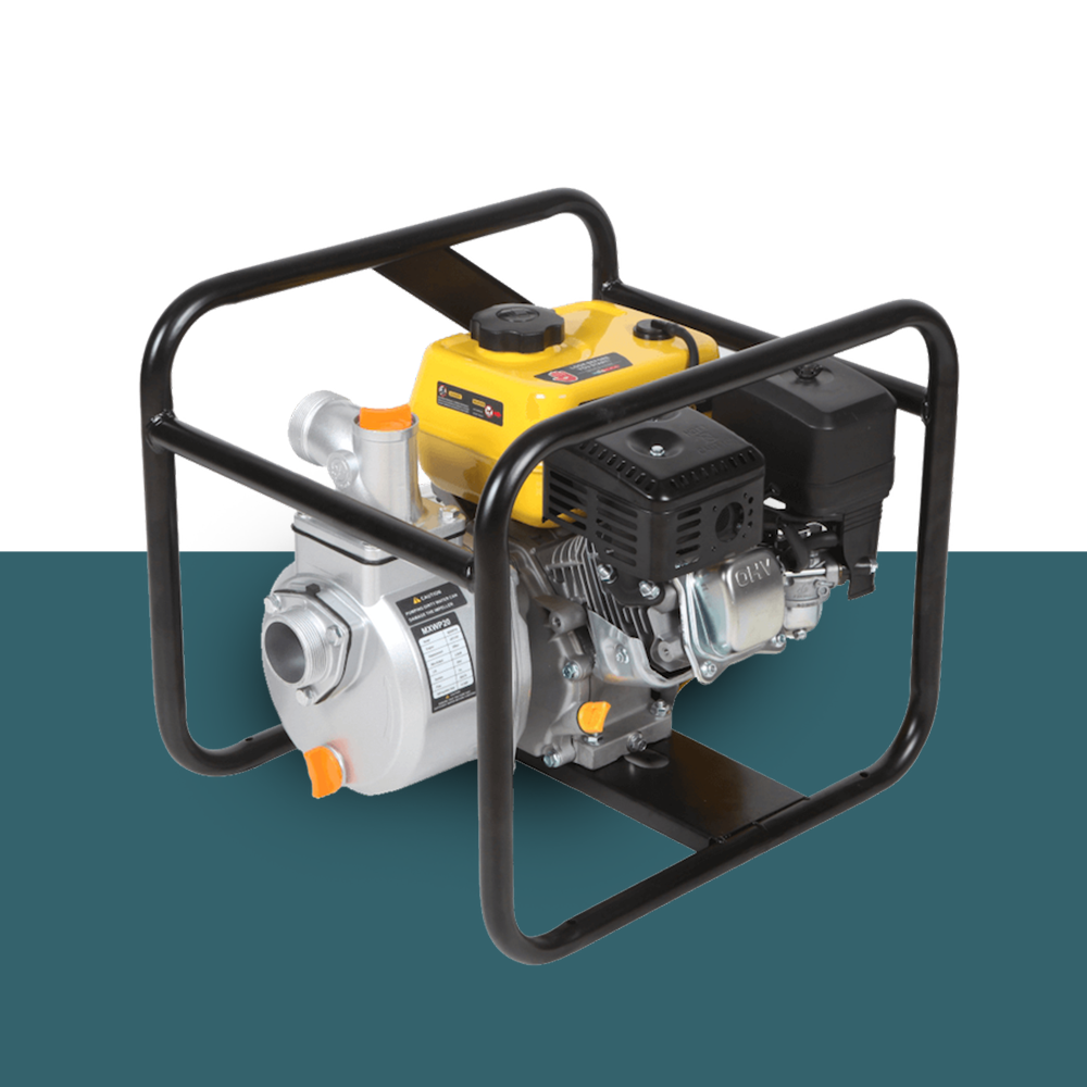 A closer angled view of the pump, highlighting the engine and protective frame, demonstrating its robust construction