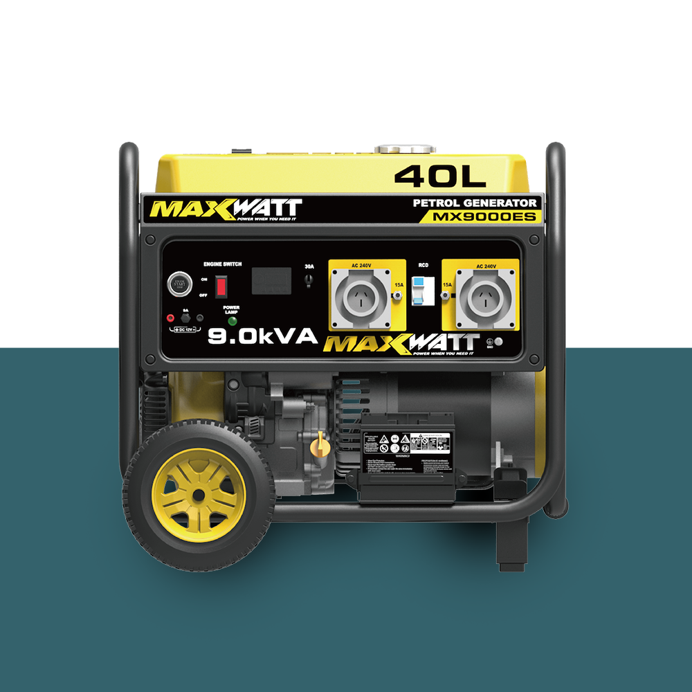 A front-facing view of the MaxWatt generator, focusing on its 40L fuel tank capacity, control panel layout, and compact design.