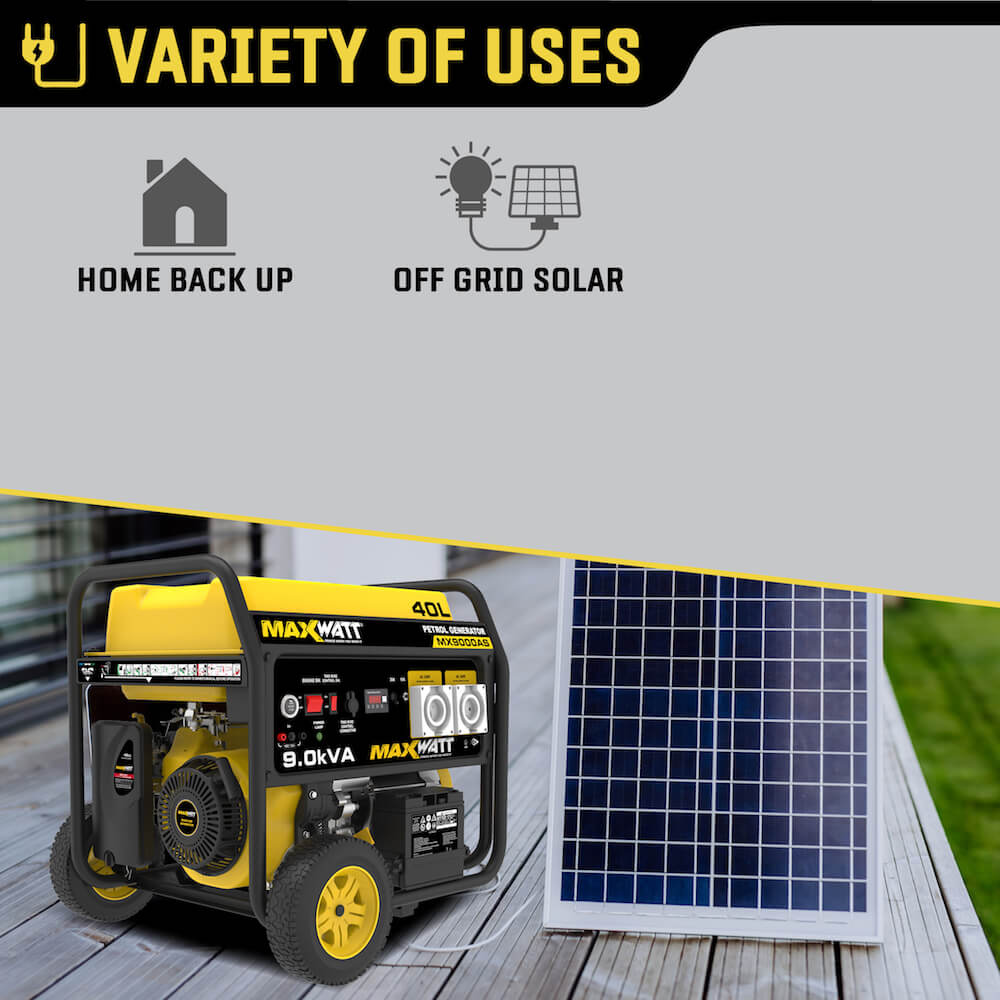Highlights the versatility of the generator with "Variety of Uses" displayed. It shows applications such as home backup and off-grid solar power integration, paired with a solar panel for illustration.
