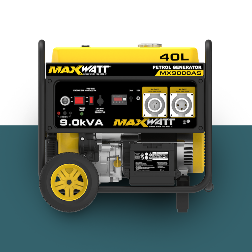 A front-facing view of the MaxWatt generator displaying its features, including the prominent branding, control panel layout, and 40L tank capacity.