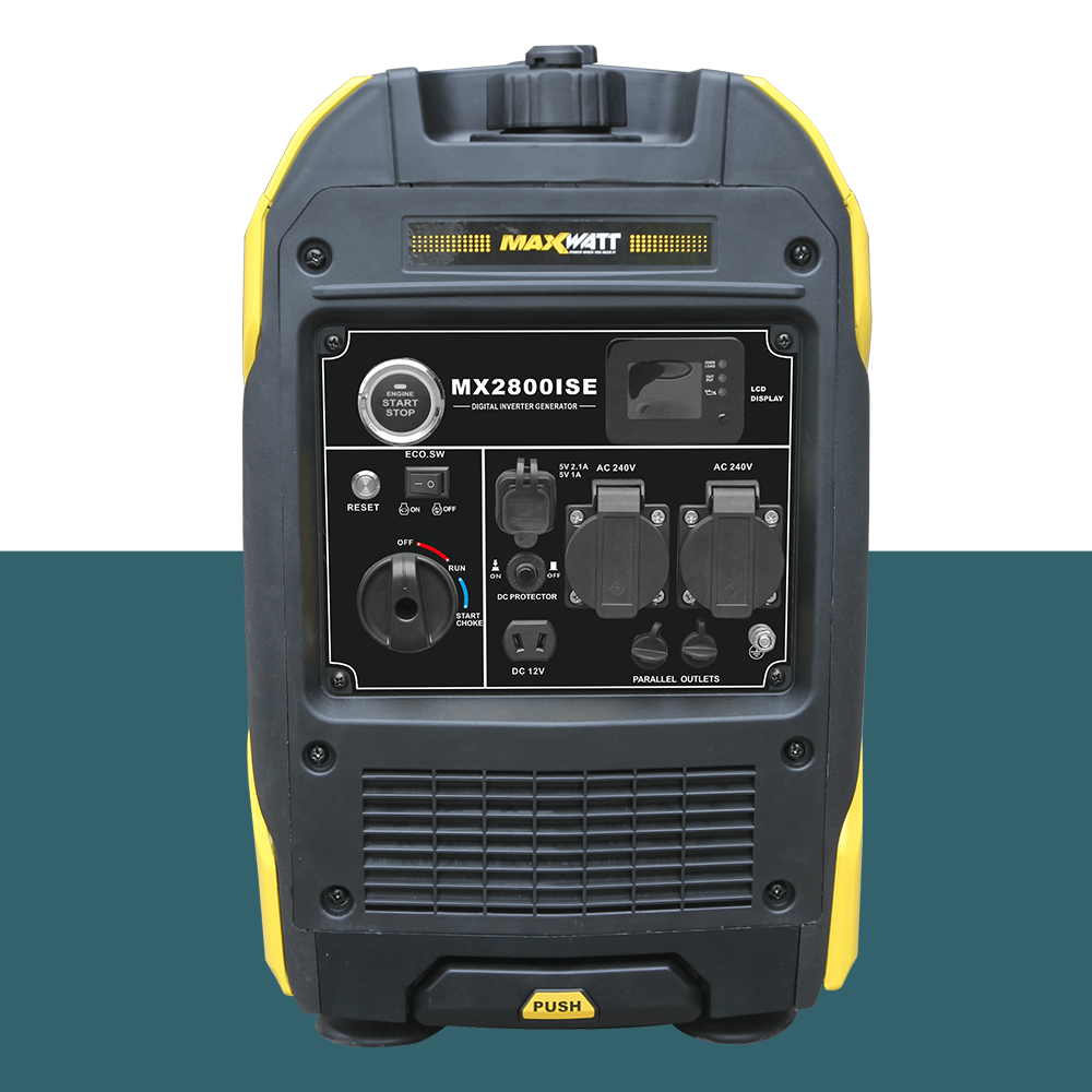 A direct front-facing view of the Maxwatt MX2800ISE generator control panel showcasing all the power outlets, switches, and the digital display for ease of use.