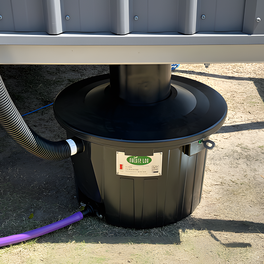 Composting toilet installed underfloor – A Nature Loo Alectura composting toilet positioned beneath a raised structure, connected to a waste pipe.