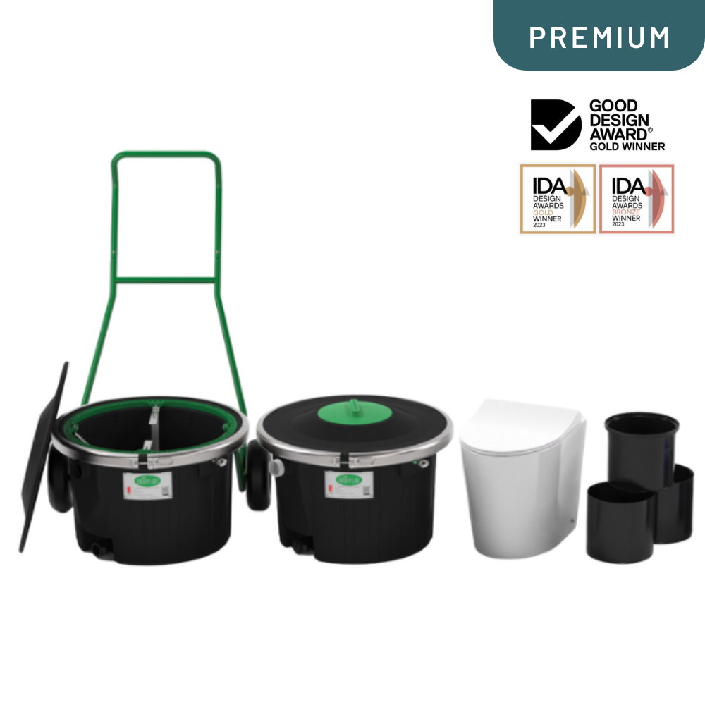 Set of compost bins with a green frame and various sizes on a white background, featuring Good Design Award and IDA awards logos.