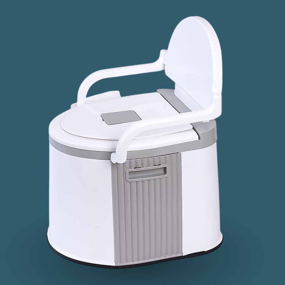 The entire unit is displayed against a solid teal background. It shows the toilet from a 3/4 angle, highlighting the grey body accents, the sturdy base, and the armrests.