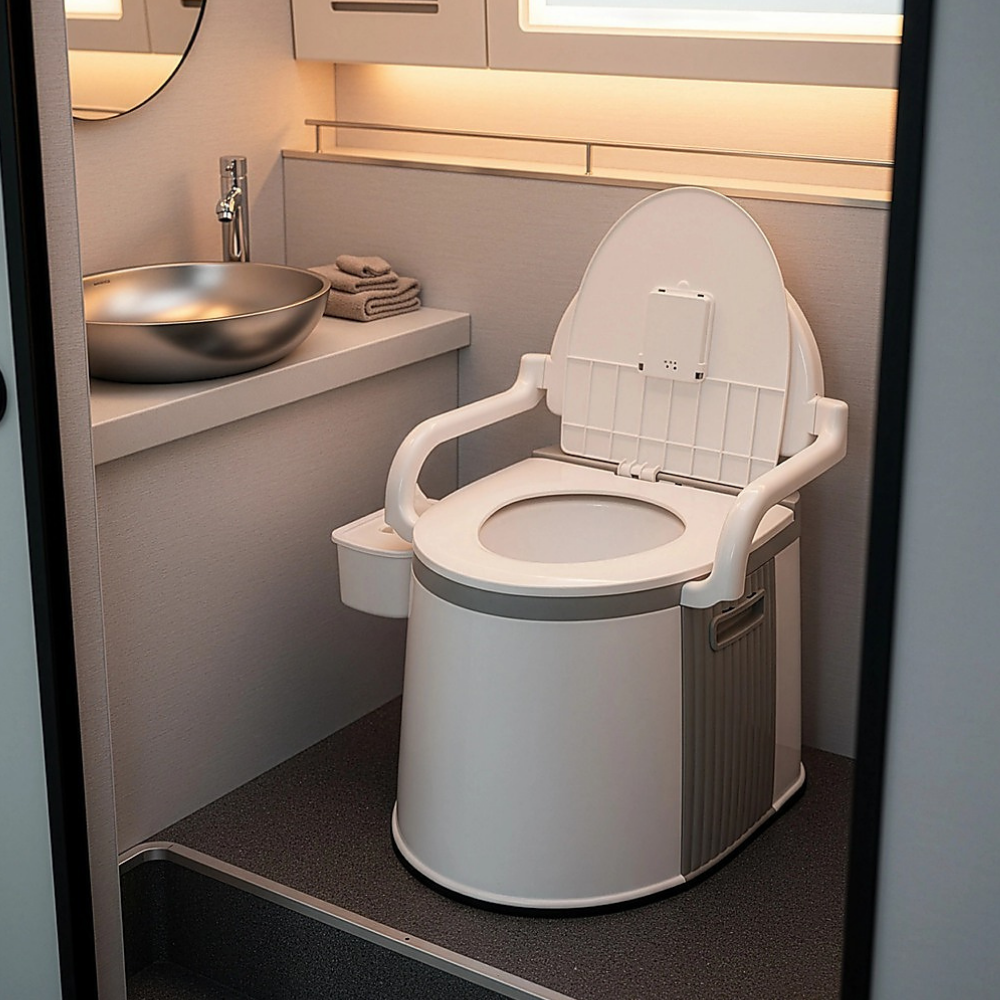 The toilet is placed inside a small, warm-lit bathroom, likely within an RV or camper van. It is positioned next to a built-in vanity and sink, showing how it fits into compact indoor spaces.