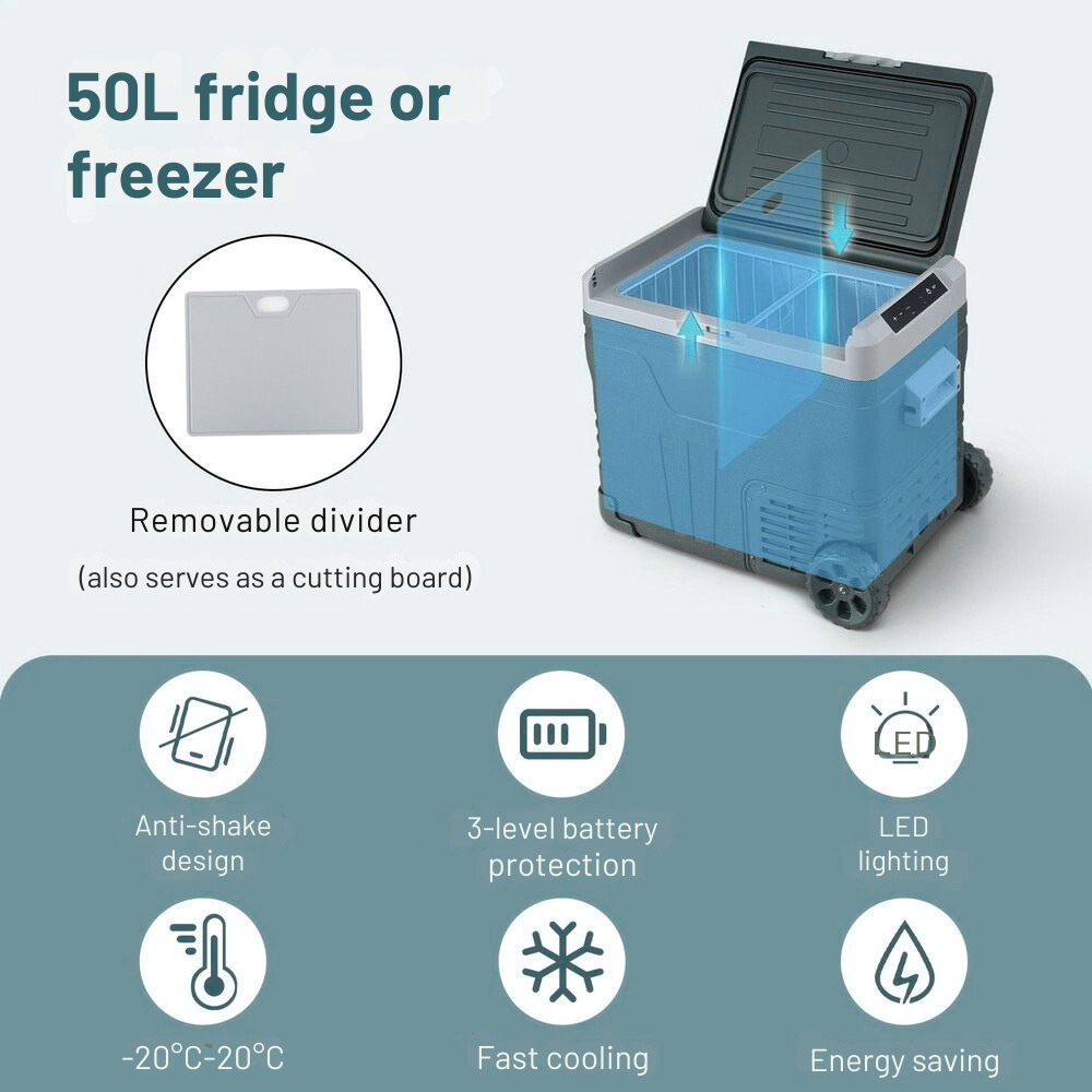 Blue 50L fridge or freezer with features highlighted on a light gray background
