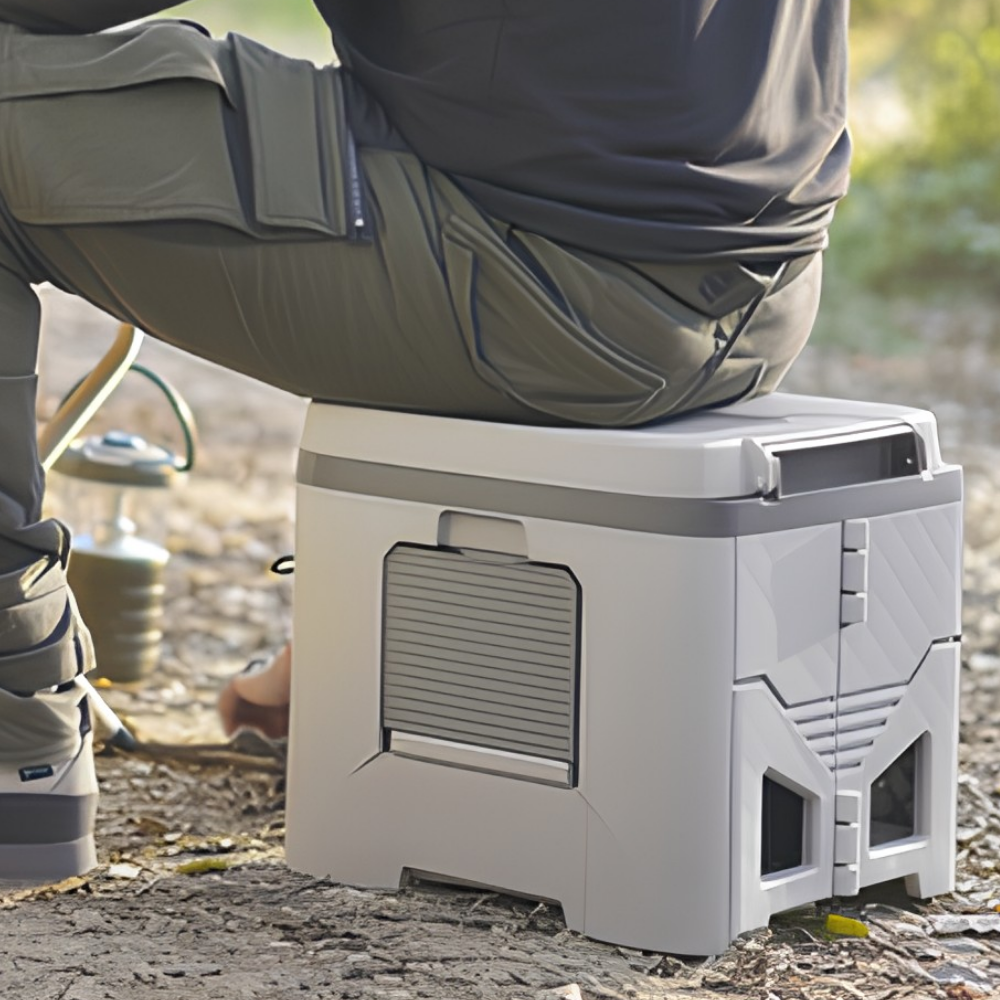 Person sitting on a portable toilet in an outdoor setting