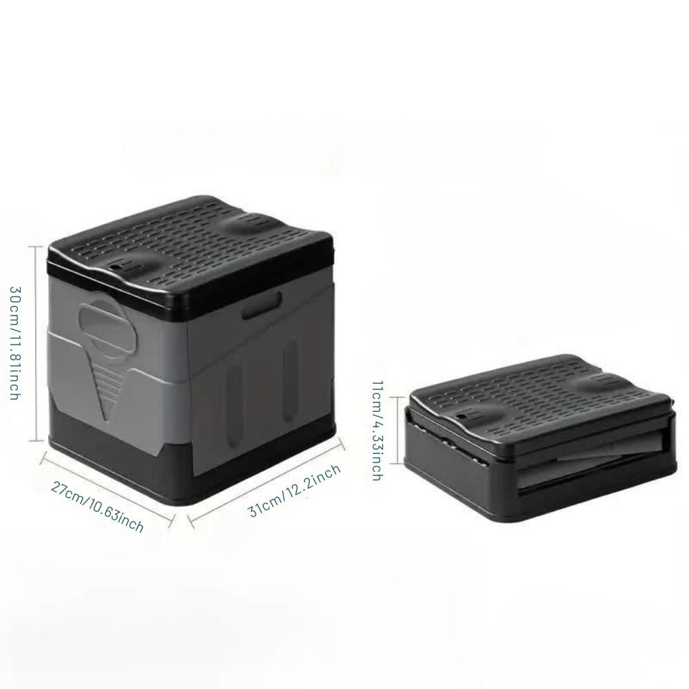 The product is displayed on a white background with dimension lines. The expanded toilet measures 31cm (12.2 inch) in width, 35cm (13.8 inch) in depth, and 30cm (11.8 inch) in height. The collapsed/folded unit is shown to be 11.5cm (4.5 inch) tall.