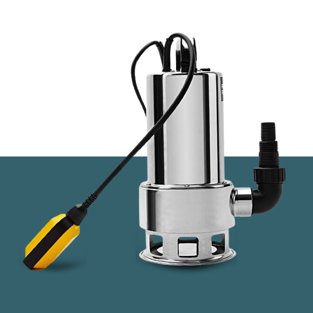 Stainless Steel Submersible Water Pump
A polished stainless steel submersible pump with a black outlet hose and a yellow float switch attached.