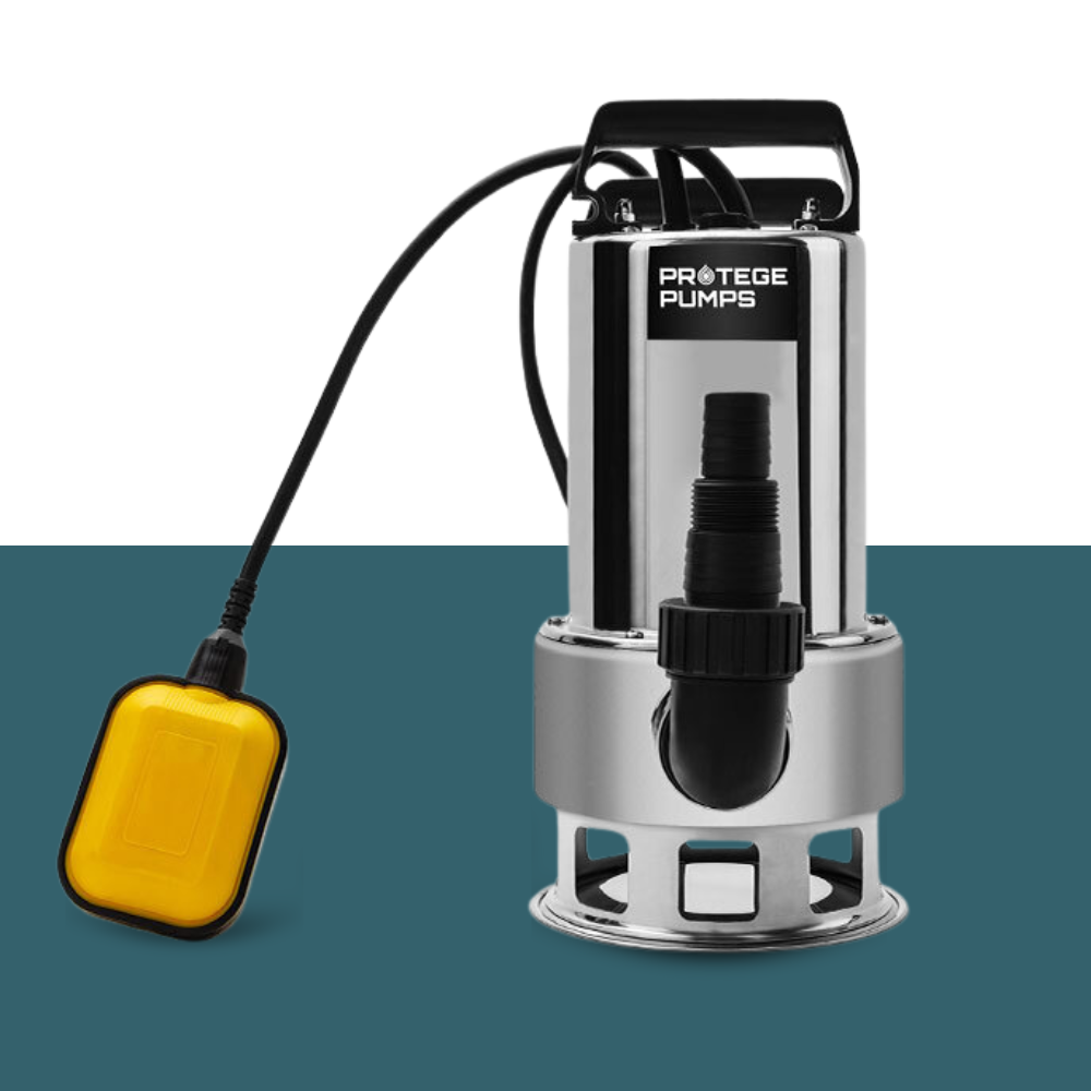 Front View of Submersible Pump
Full view of the water pump standing on a teal and white background with visible branding and attached float switch.