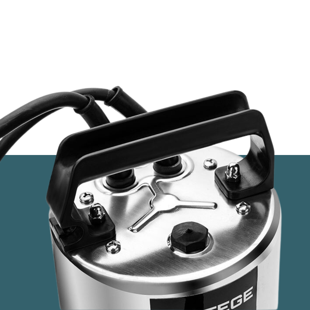 Top Close-Up of Pump
Close-up showing the top of the pump with handle, cord, and part of the float switch visible.