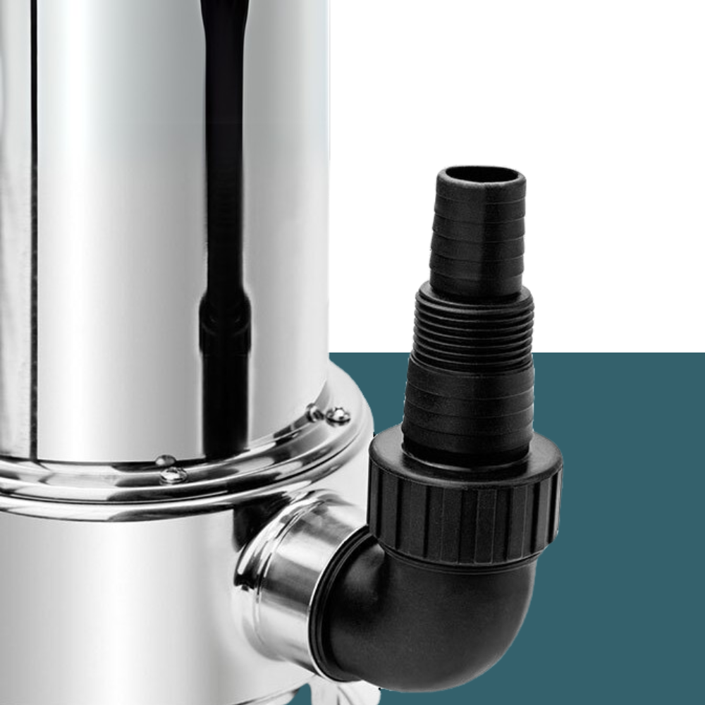 Outlet Connector Detail
A tight close-up of the pump’s black outlet pipe, showing thread and connection detail against the steel body.