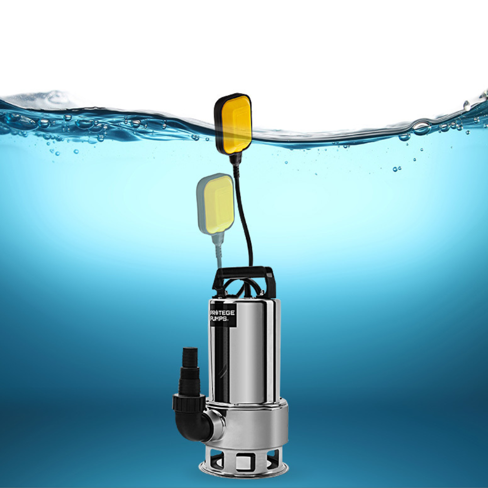 Side Angle Pump View
Another angled product shot of the pump with float switch, sitting on the teal and white background.