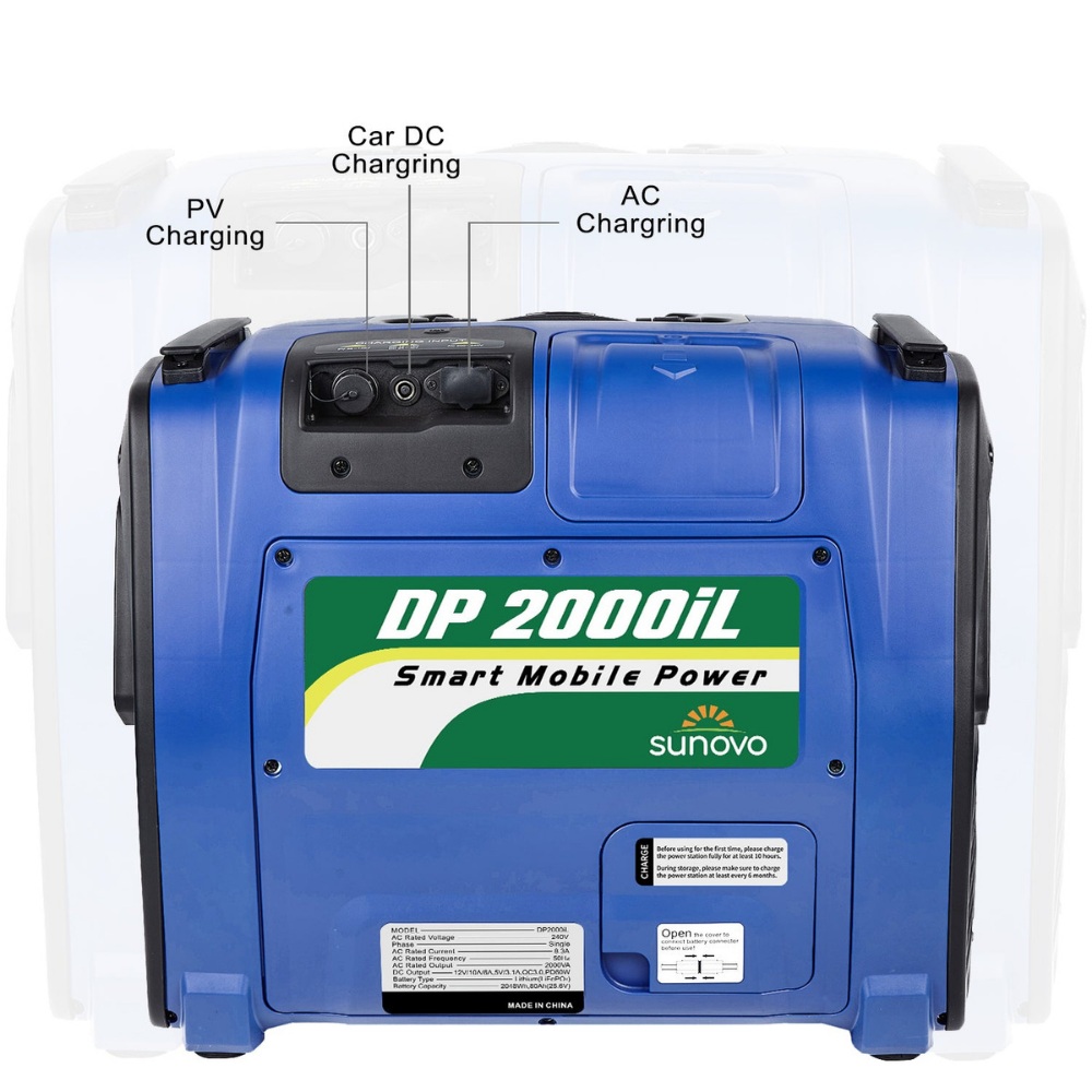 Blue power station with 'DP 2000iL Smart Mobile Power' label, showing charging options on a white background.