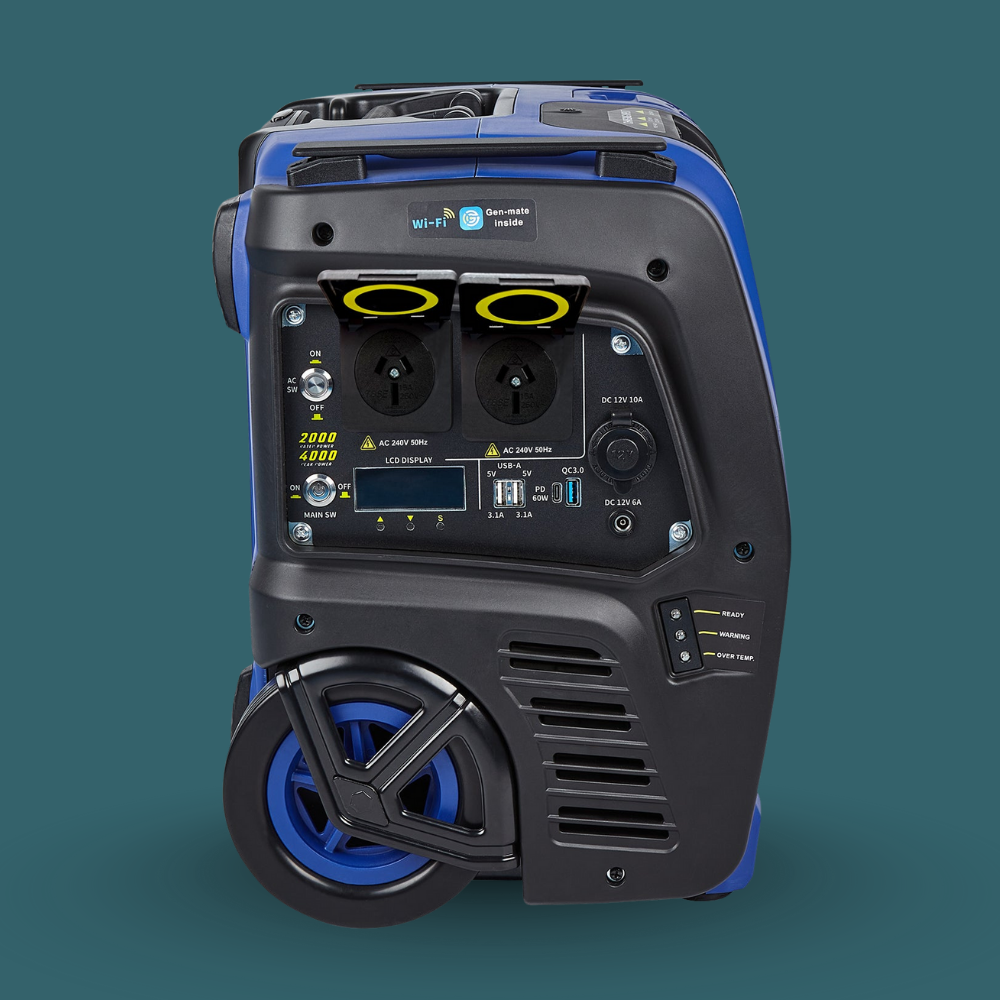 Portable power station with digital display on a teal background