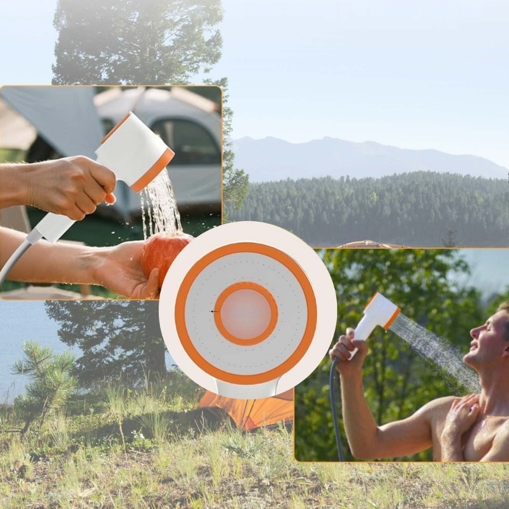 Collage of a person using a portable shower outdoors with a scenic background.