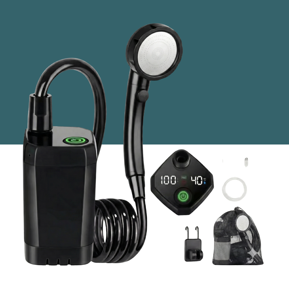 Black electronic device with hose and digital display on a white background