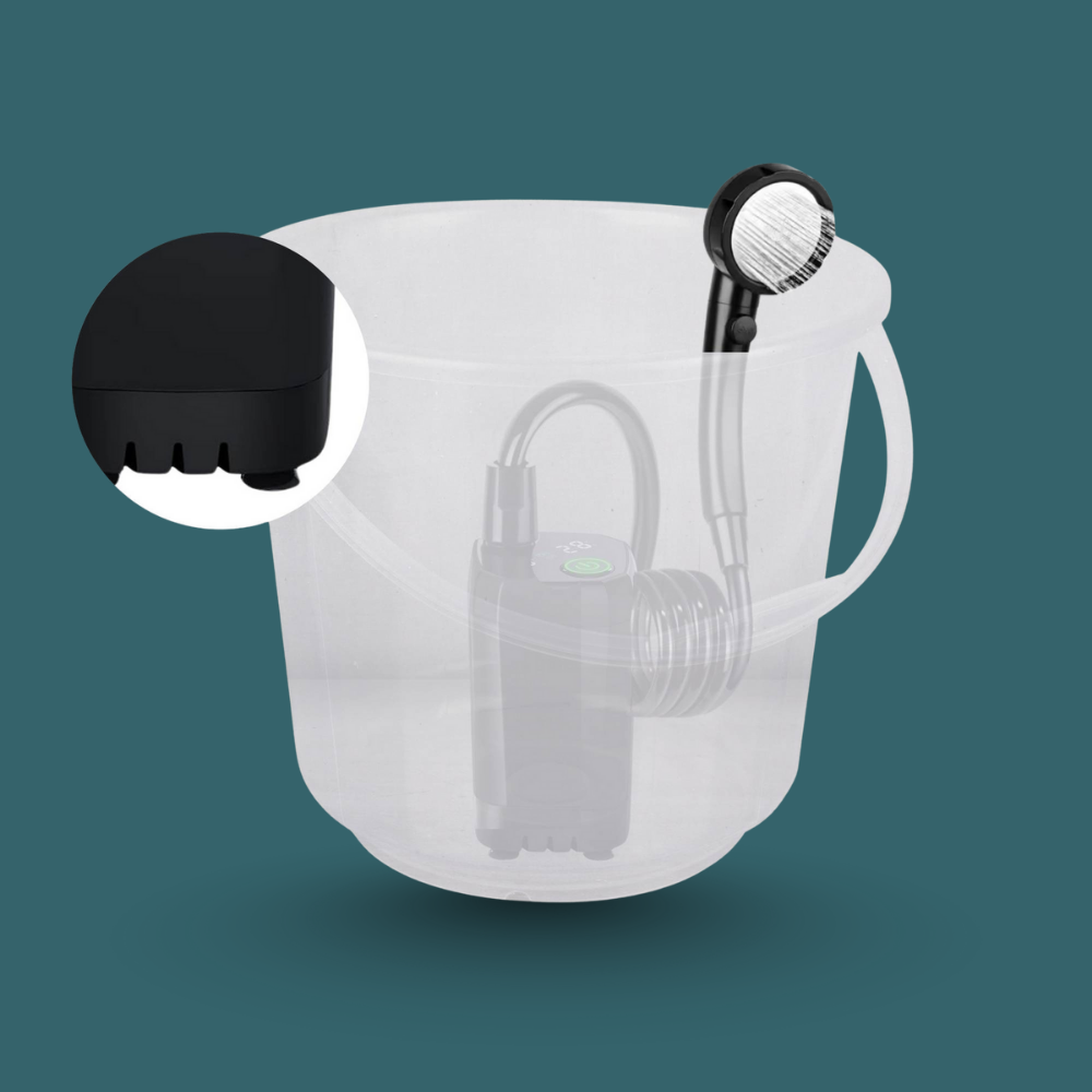 Clear plastic container with black lid and shower head on a teal background