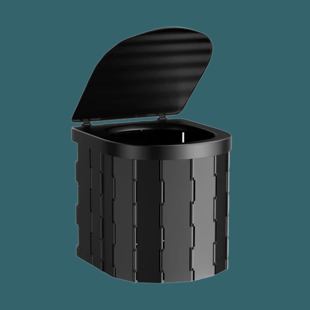 A studio shot of the toilet on a white background with four feature icons below it: "Durable PP Construction," "Built-in Tissue Box," "20L Capacity," and "Easy to setup."