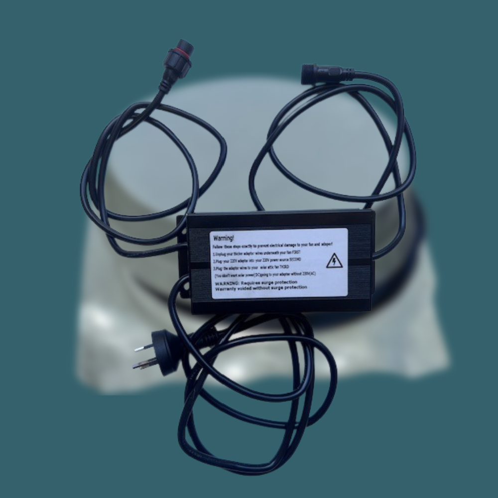 Power adapter with multiple cables on a blurred background