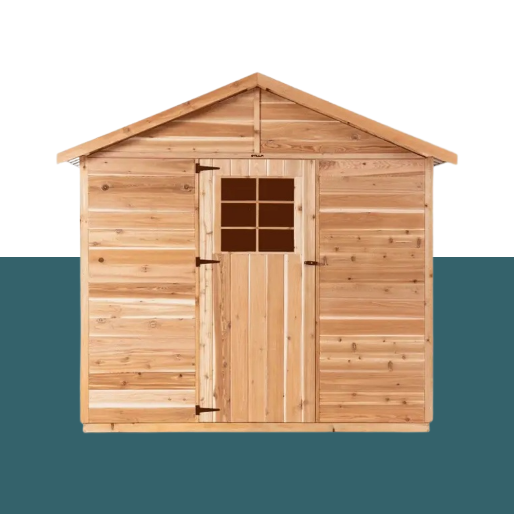 Wooden shed with a gabled roof on a white background