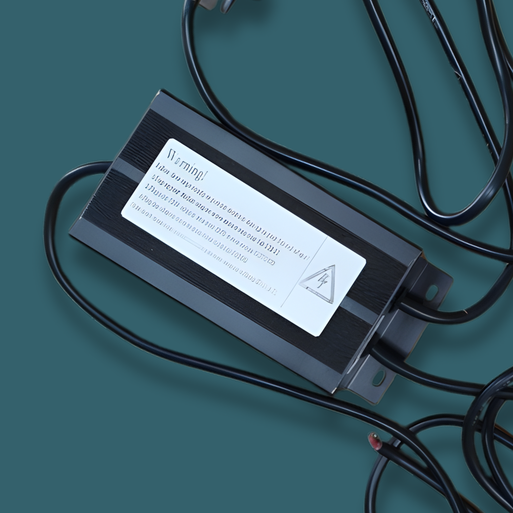 Power adapter with warning label on a teal background