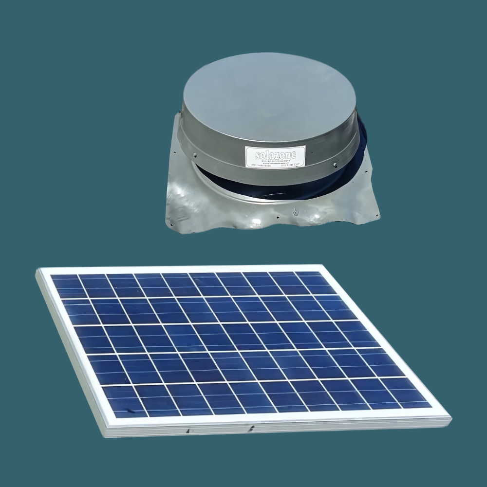 Solar panel and ventilator base side-by-side on a blue background.