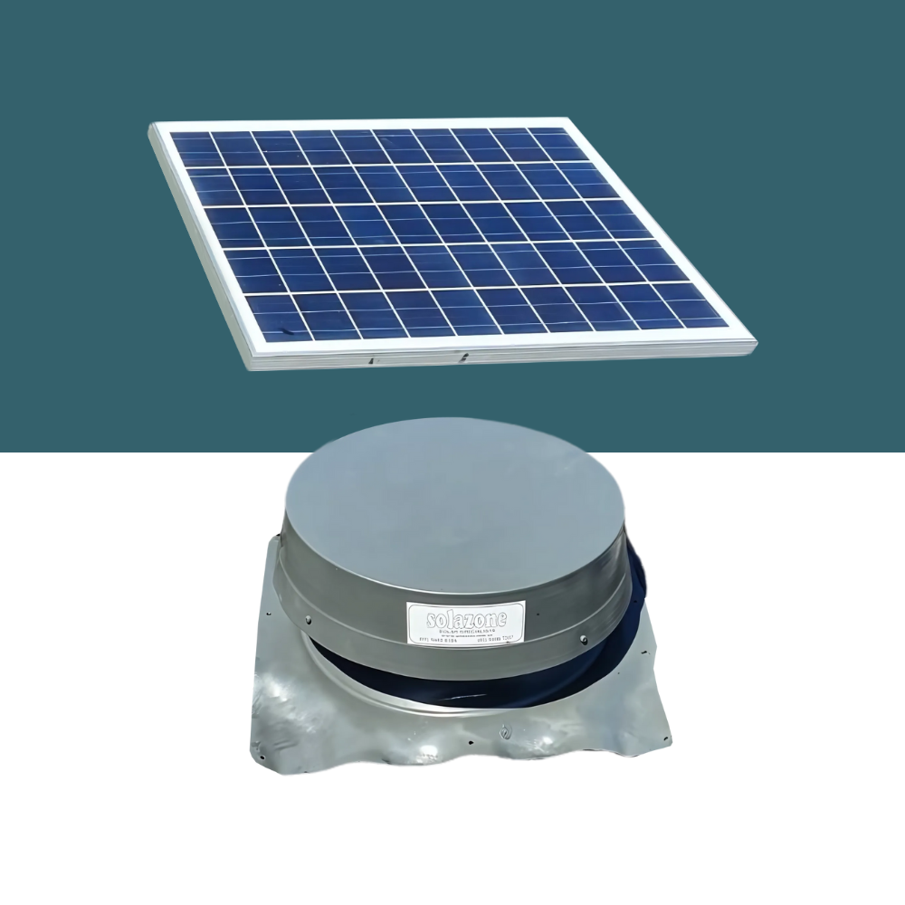 Solar roof ventilator with blue panel and metal base on a blue and white background.